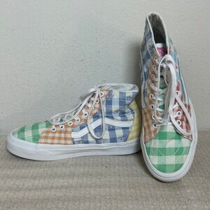 Vans Sk8-Hi Pastel Gingham Patchwork Cherry Bee Embroidery Shoes Women 8.5